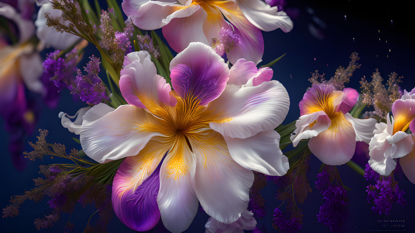 Close-up Purple and White Flowers on Dark Blue Background