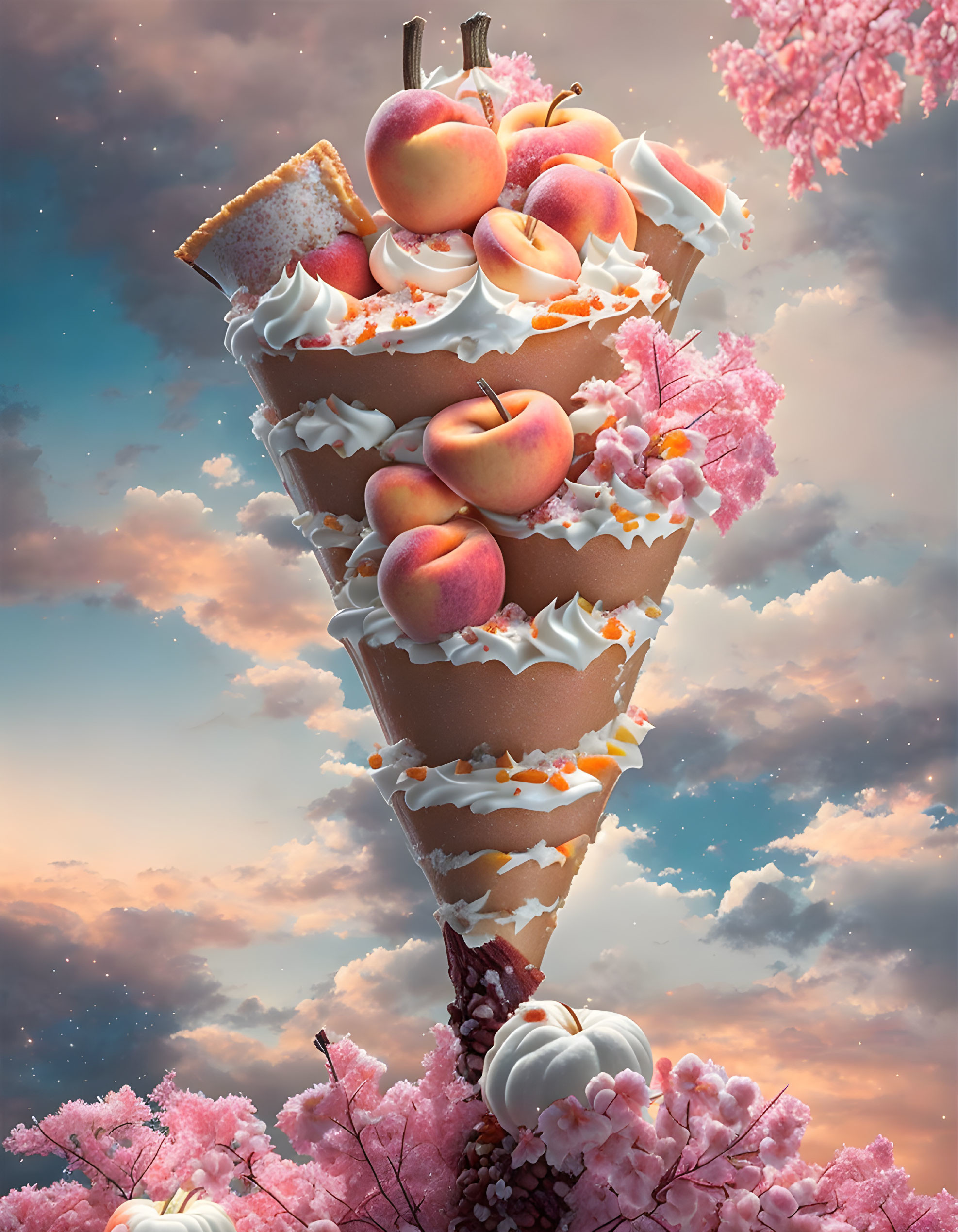 Whimsical giant ice cream cone with apple layers in a dreamy setting