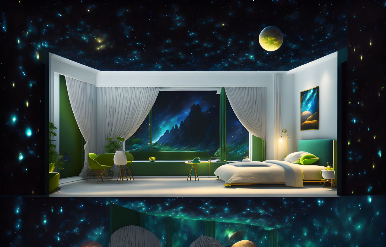 Spacious Cosmic-Themed Bedroom with Starry Night Sky View