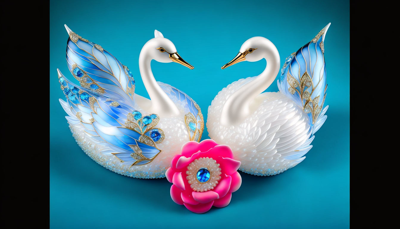 Ornate swans with jeweled wings and pink flower on blue background