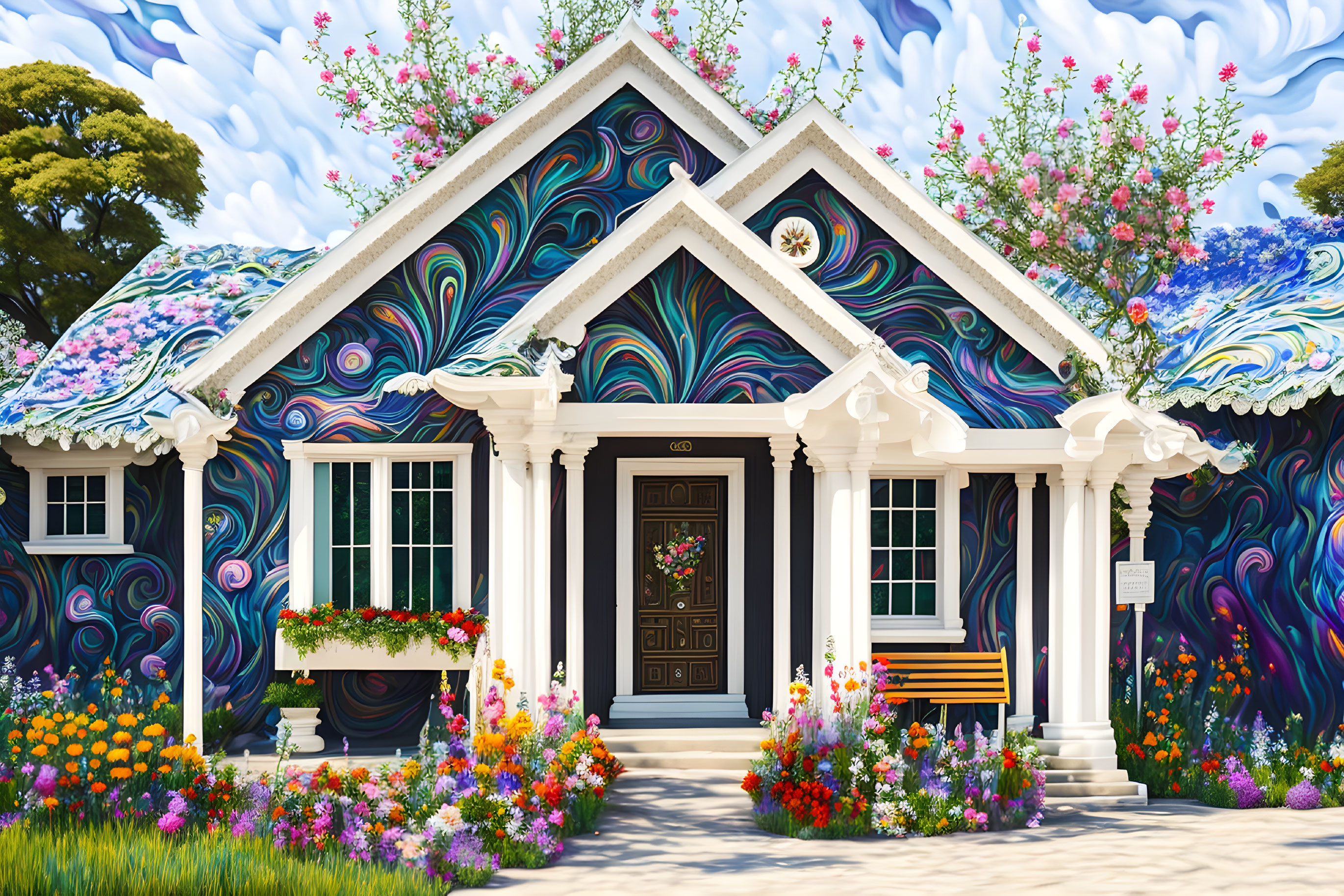 Colorful house with blue swirls and flowers in lush garden under blue sky