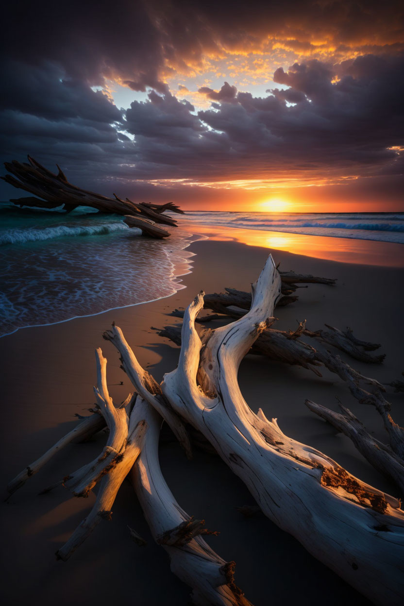 Dramatic sunset over beach with sun rays and driftwood textures