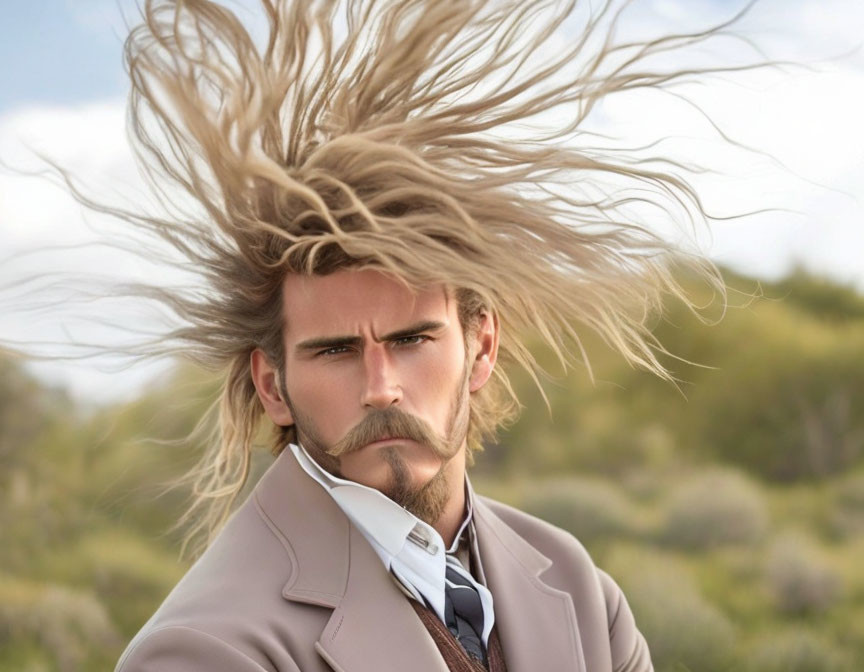 Serious man in beige coat with long hair and blowing mustache