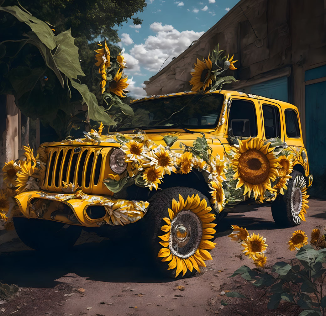 Yellow SUV with sunflowers on street under blue sky