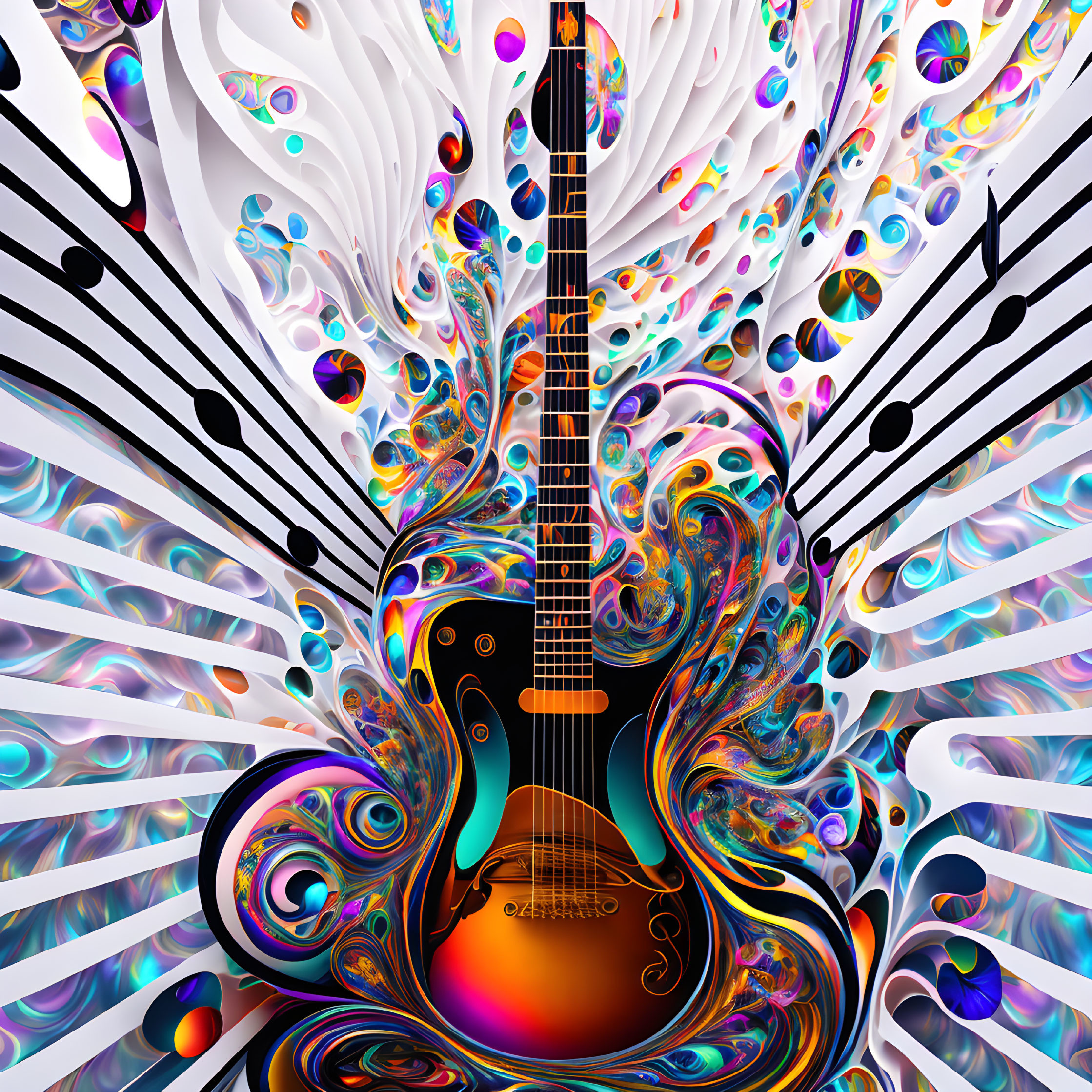 Colorful Psychedelic Guitar Artwork with Abstract Swirls and Musical Notes