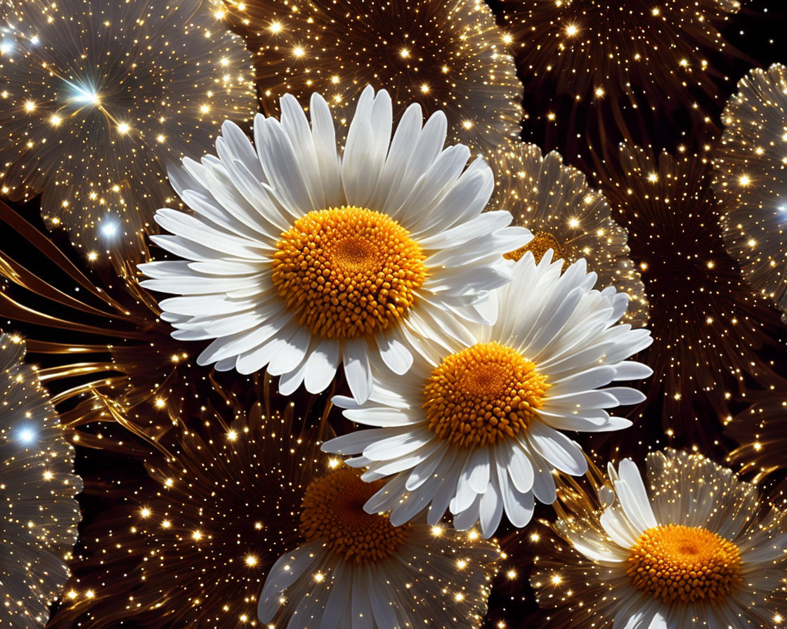 White Daisies with Yellow Centers on Dark Bokeh Background