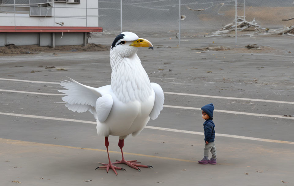 Toddler mesmerized by giant photorealistic seagull on basketball court