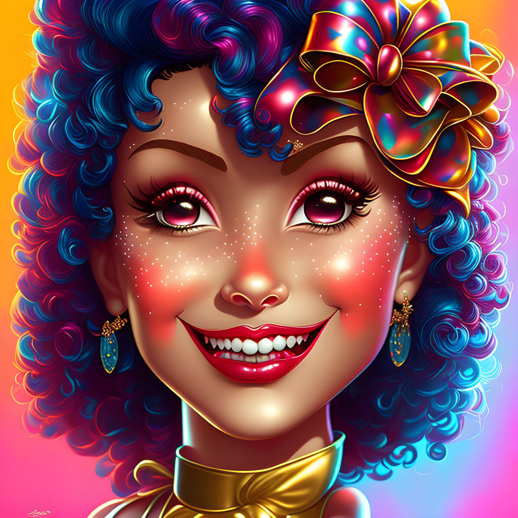 Colorful digital portrait of a woman with multi-colored curly hair and bright pink cheeks