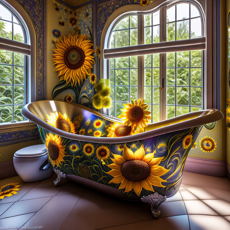 Sunflower-themed bathroom with claw-foot tub and matching decor