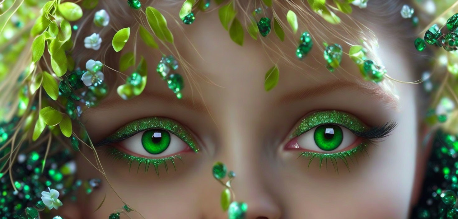 Detailed Close-Up of Person's Green Eyes with Jewels, Flowers, and Leaves