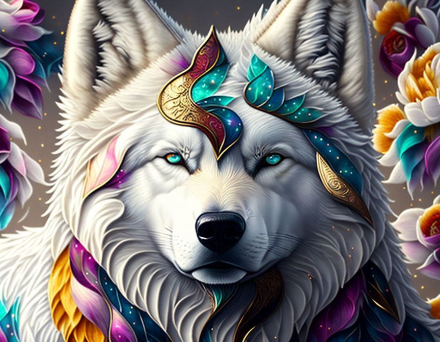 White Wolf Digital Artwork with Mystical Crown and Colorful Fur Amidst Purple Flowers