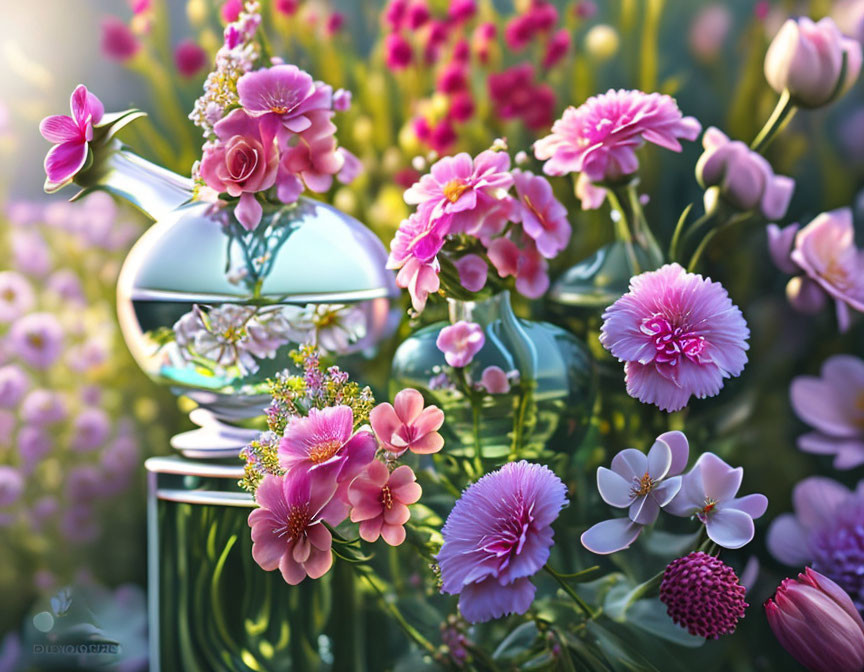 Assortment of Vibrant Pink Flowers in Sleek Green Vases