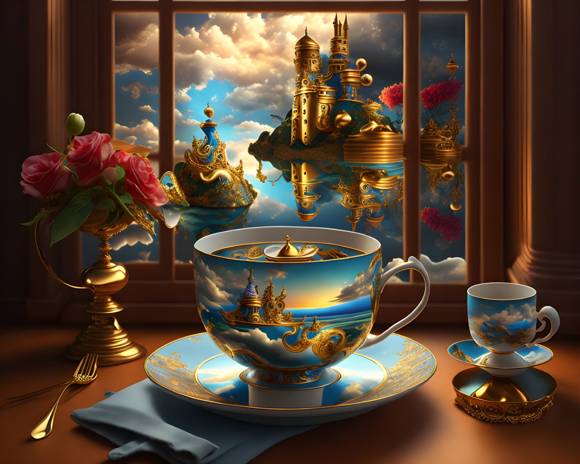 Surreal artwork: cup, castle, floating islands, cloudscape, saucer, spoon