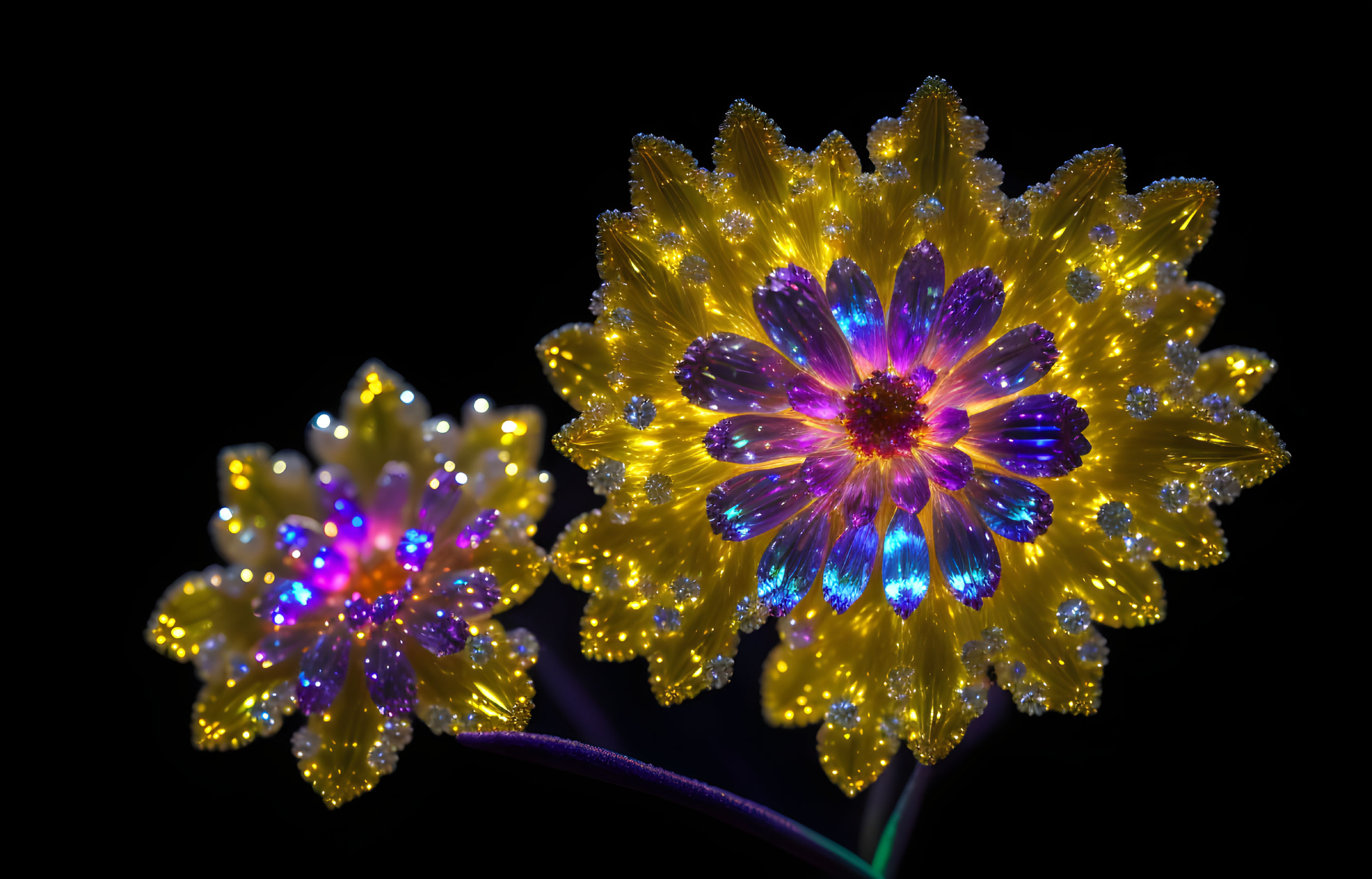 Yellow and Blue-Purple Illuminated Artificial Flowers on Black Background