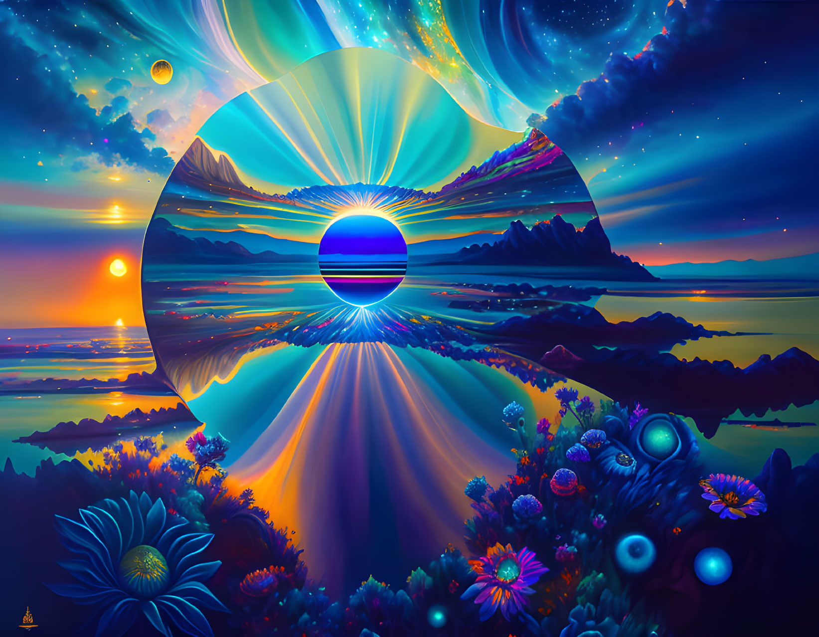 Surreal landscape with sunset, mountains, starry sky, circular portal, and colorful flora