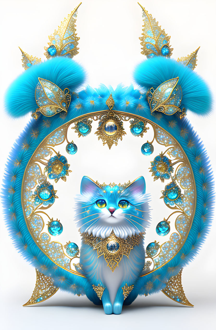 Ornate frame showcasing majestic blue cat with golden jewels & butterfly motifs