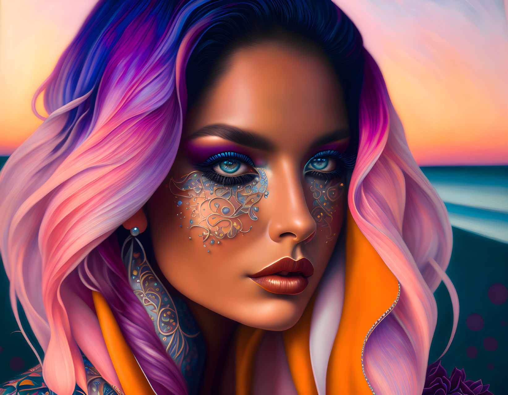 Vibrant blue and pink hair woman portrait against sunset background