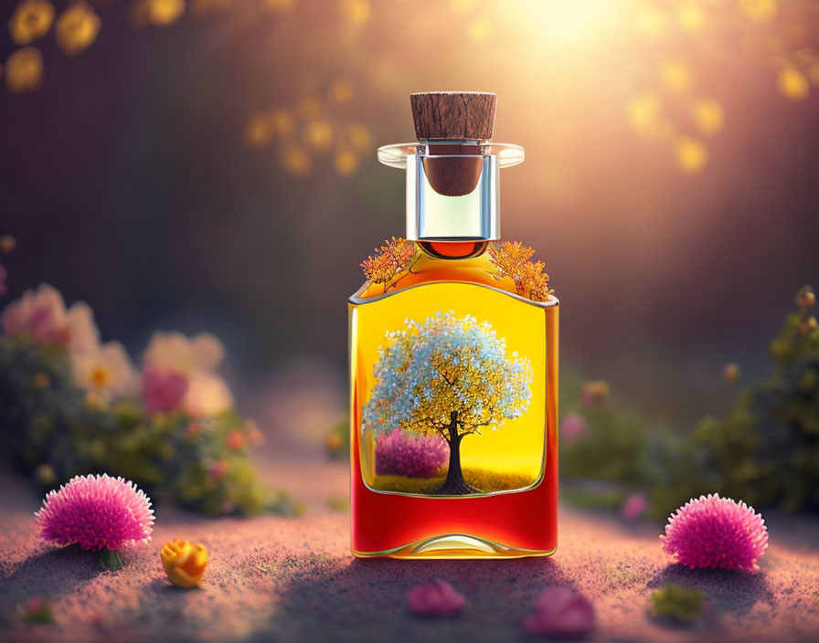 Perfume bottle in garden with tree and flowers captured in liquid