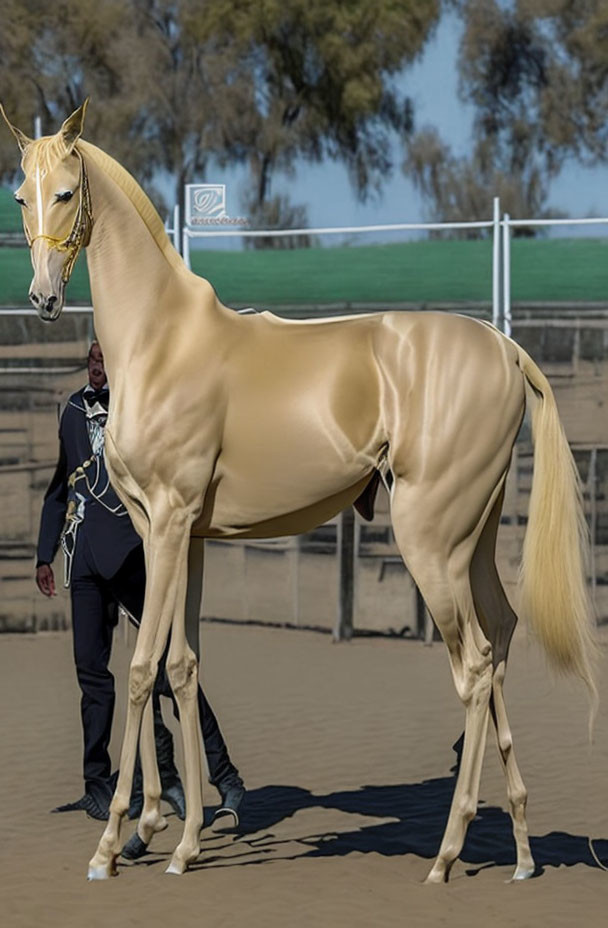 Golden horse with sleek coat posed outdoors with handler in suit