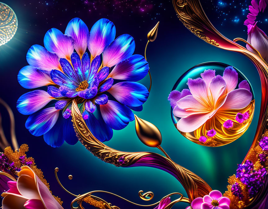 Colorful digital artwork: luminescent flowers & golden swirls on dark teal.