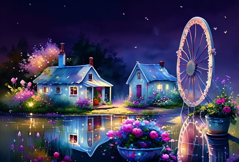 Night scene: Glowing windows, flowers, pond with ferris wheel and butterflies