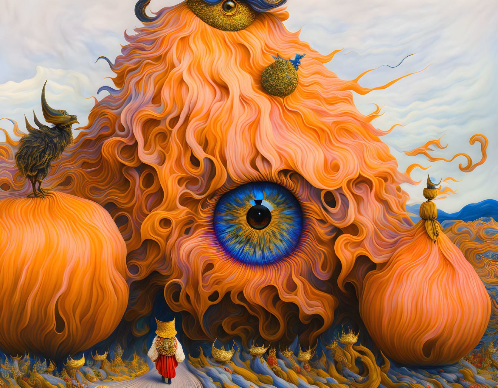 Surrealistic painting featuring orange, hairy creature with multiple eyes in unique landscape.