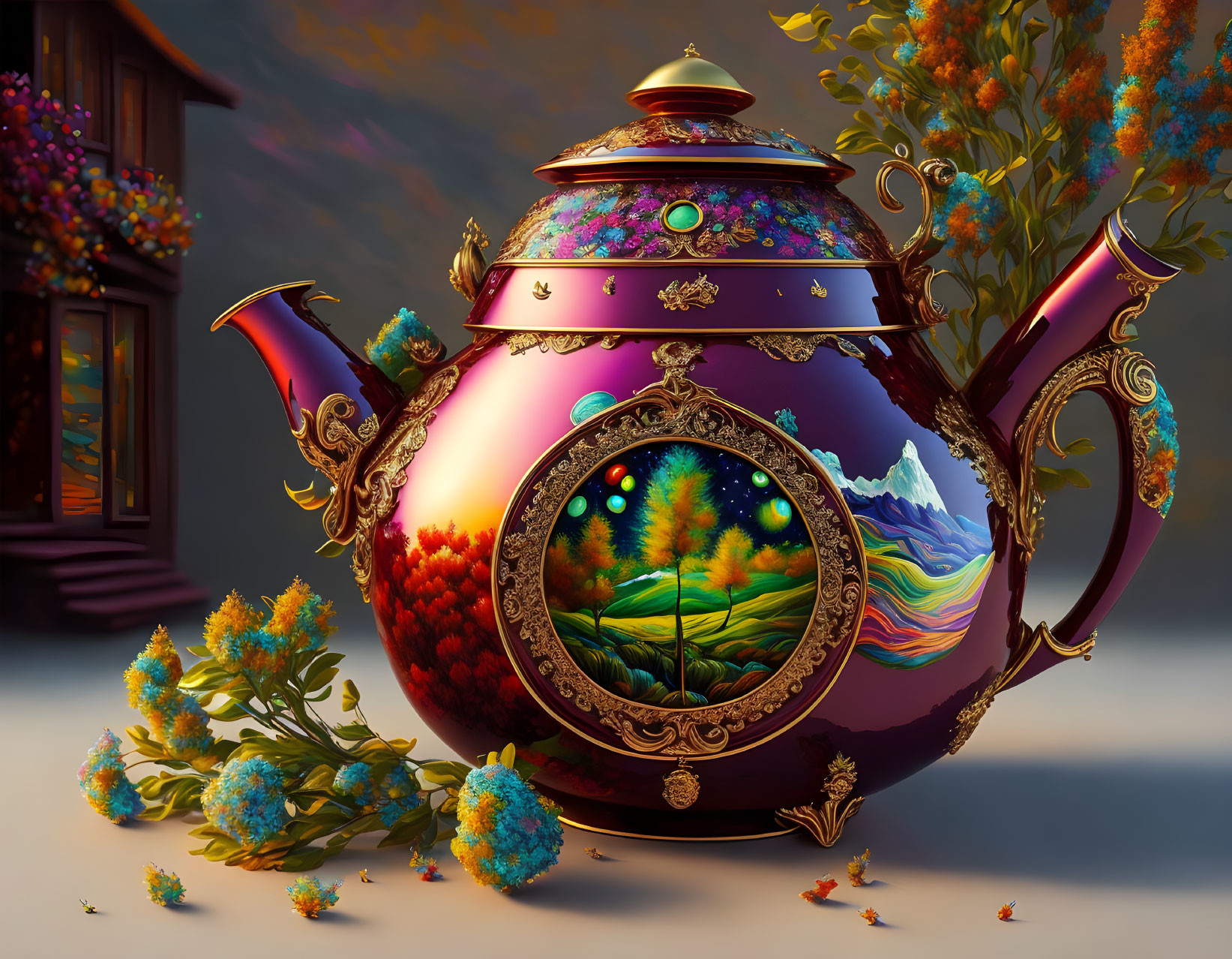 Colorful Landscape Design Teapot with Floral Surroundings