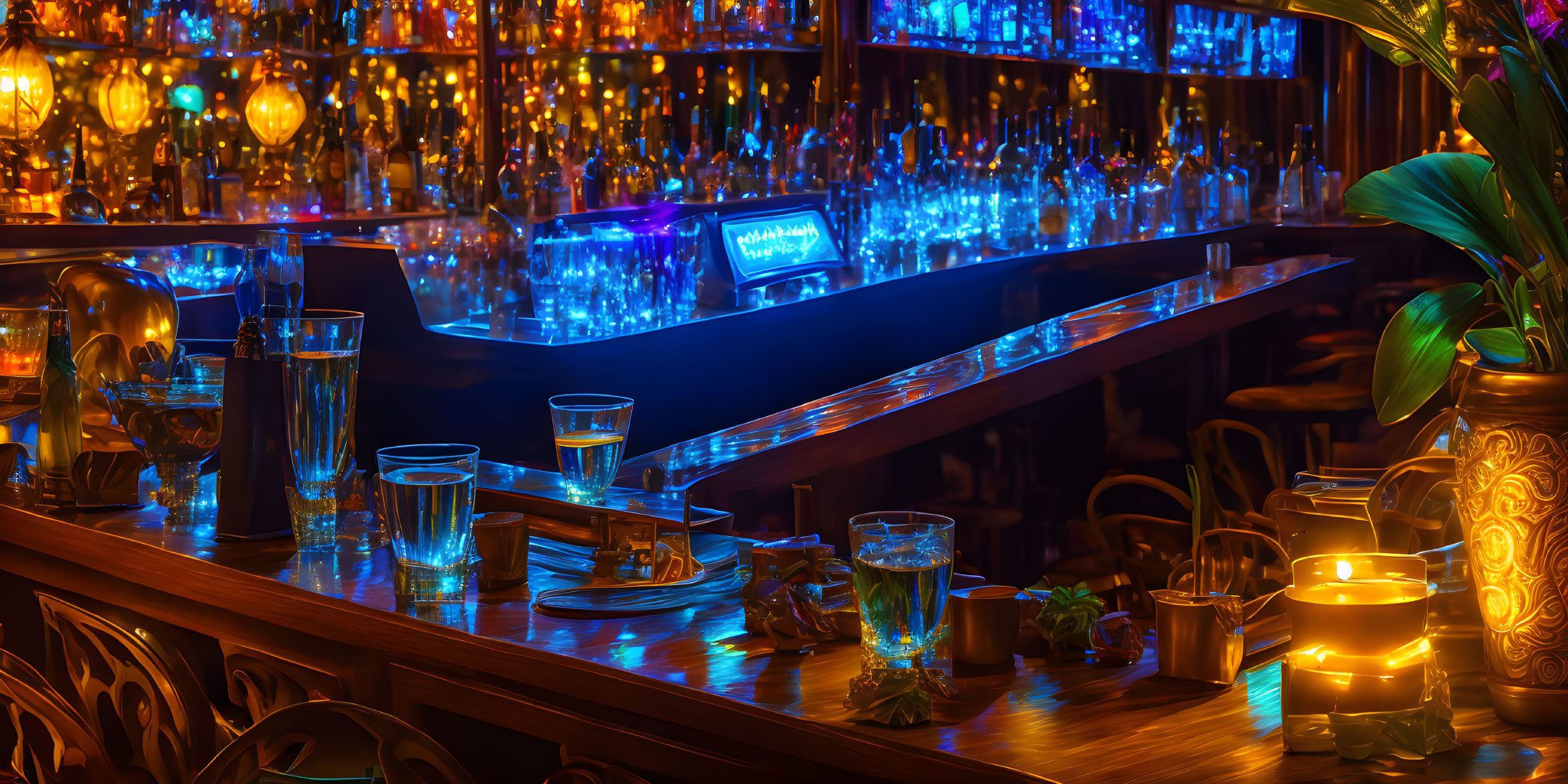 Vibrant Blue Lighting and Glowing Candles in Atmospheric Bar