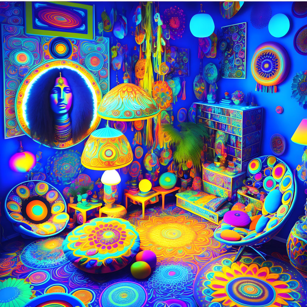 Colorful Psychedelic Room with Neon Lighting & Eclectic Decor