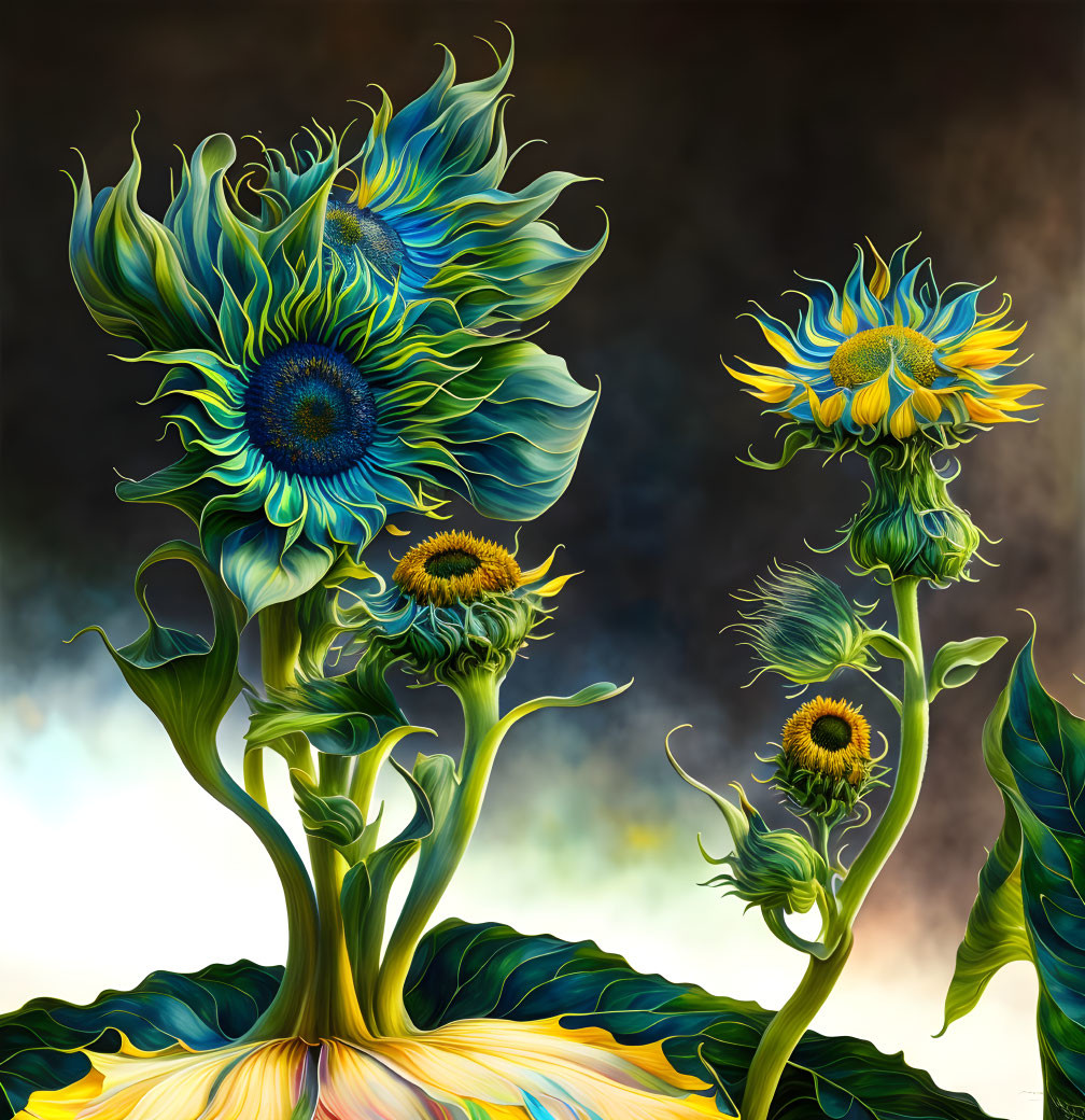 Surreal sunflowers with swirling petals on dark background