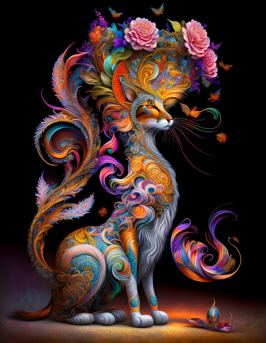 Colorful stylized cat artwork with floral motifs on dark background