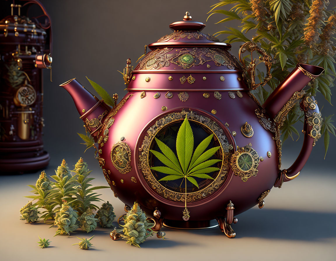 Ornate Teapot with Cannabis Leaf Design and Buds on Neutral Background