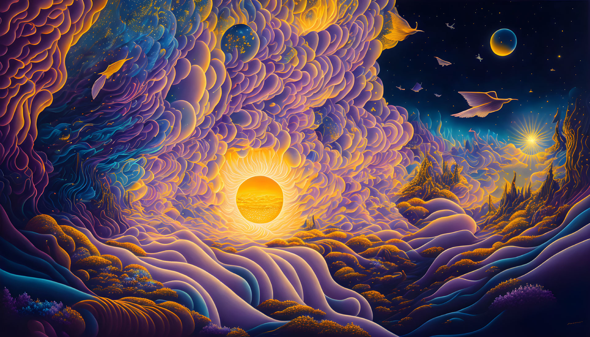 Colorful psychedelic landscape with swirling patterns and celestial elements