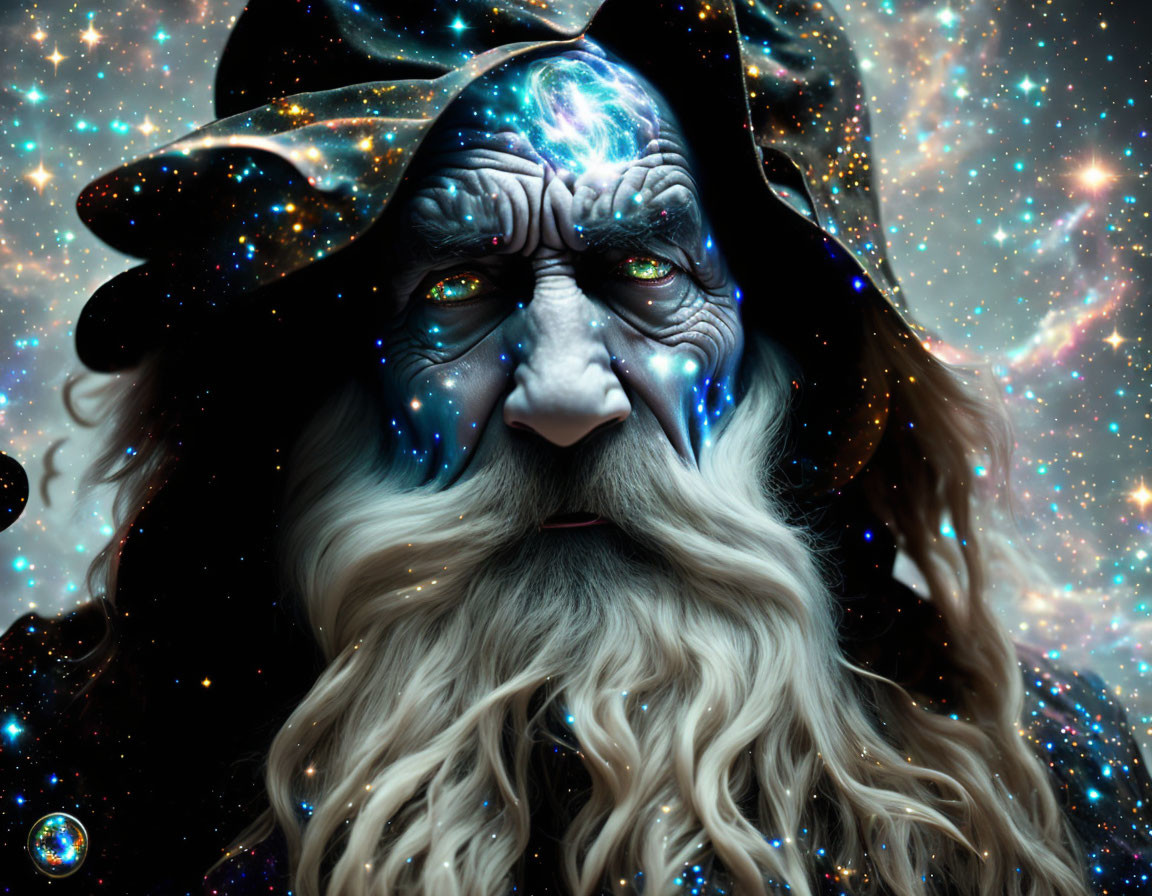 Starry wizard with long white beard and cosmic background