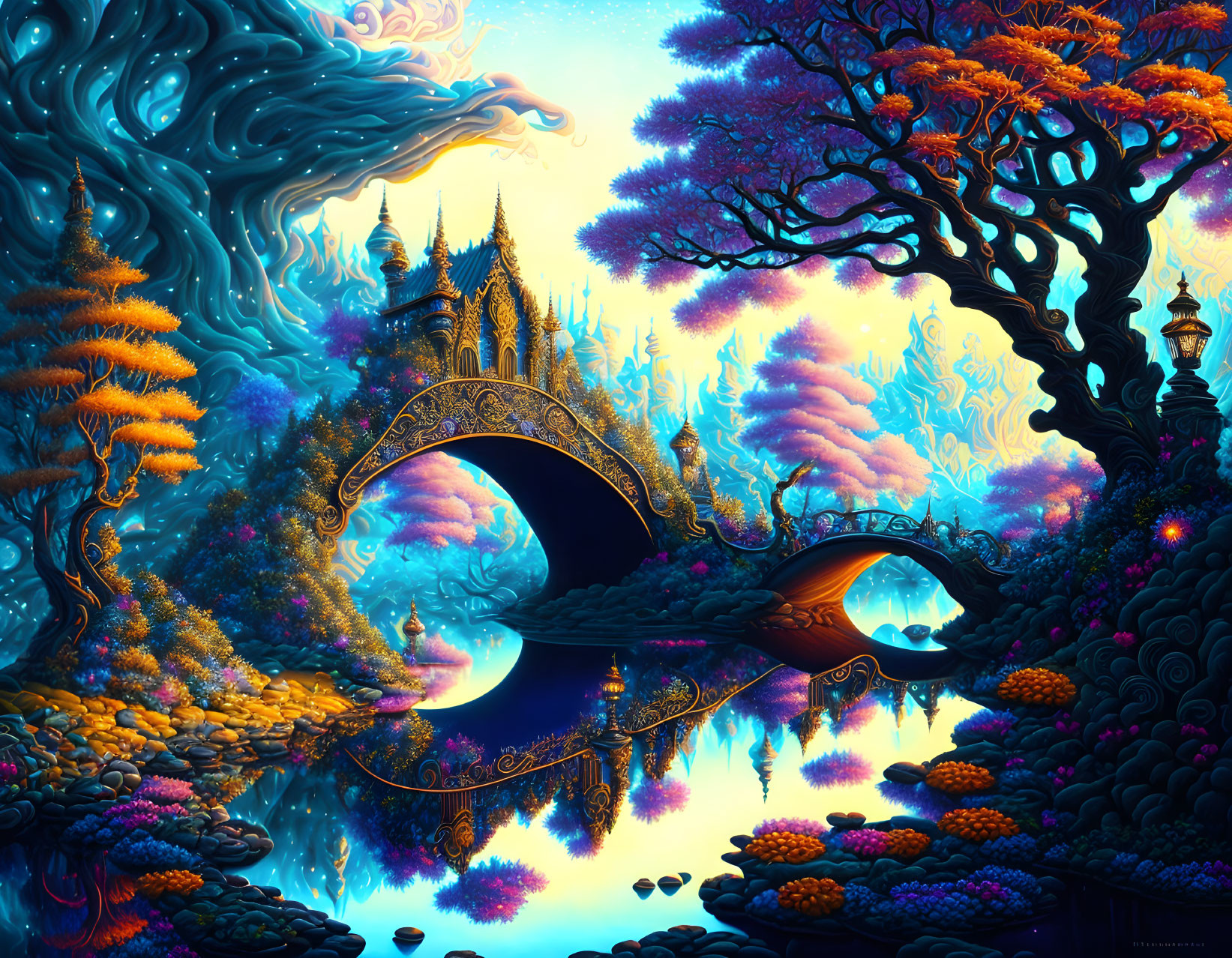 Colorful fantasy landscape with reflective lake, bridge, whimsical trees, and fairy-tale architecture at