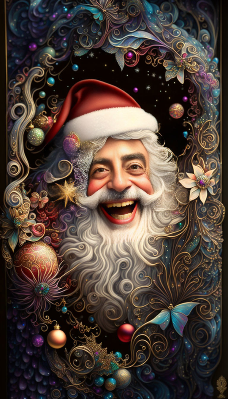 Whimsical Santa Claus surrounded by festive elements