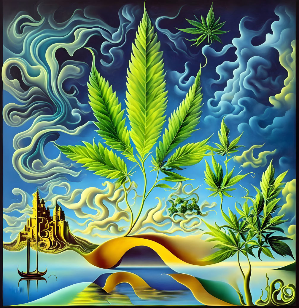 Surreal painting with cannabis leaf, castle, ship, and wavy patterns