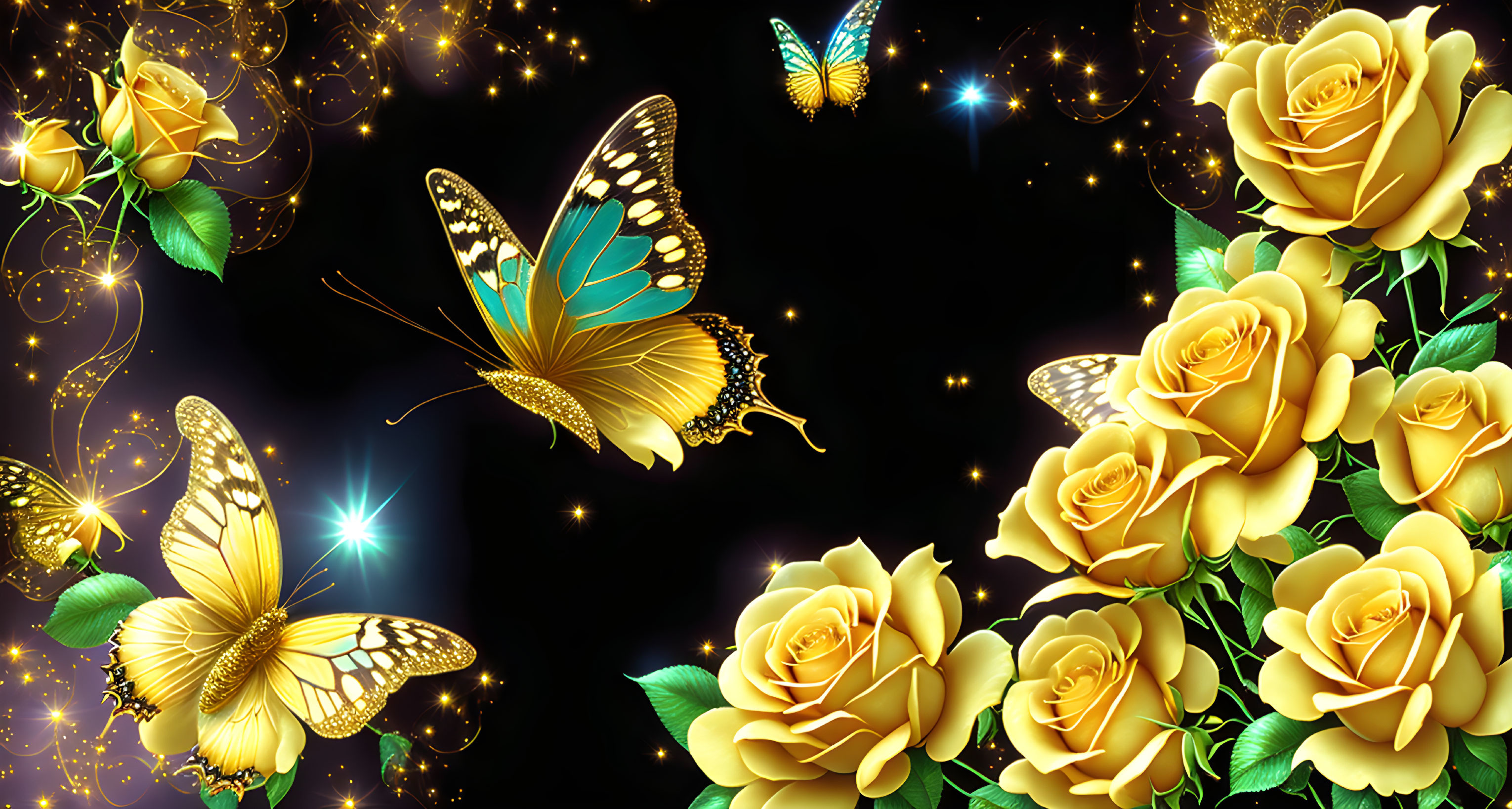 Golden butterflies and yellow roses on starry night background.