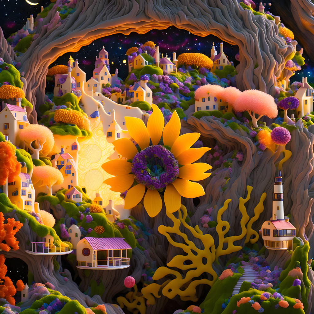 Colorful whimsical landscape with vibrant houses, oversized flowers, and meandering river