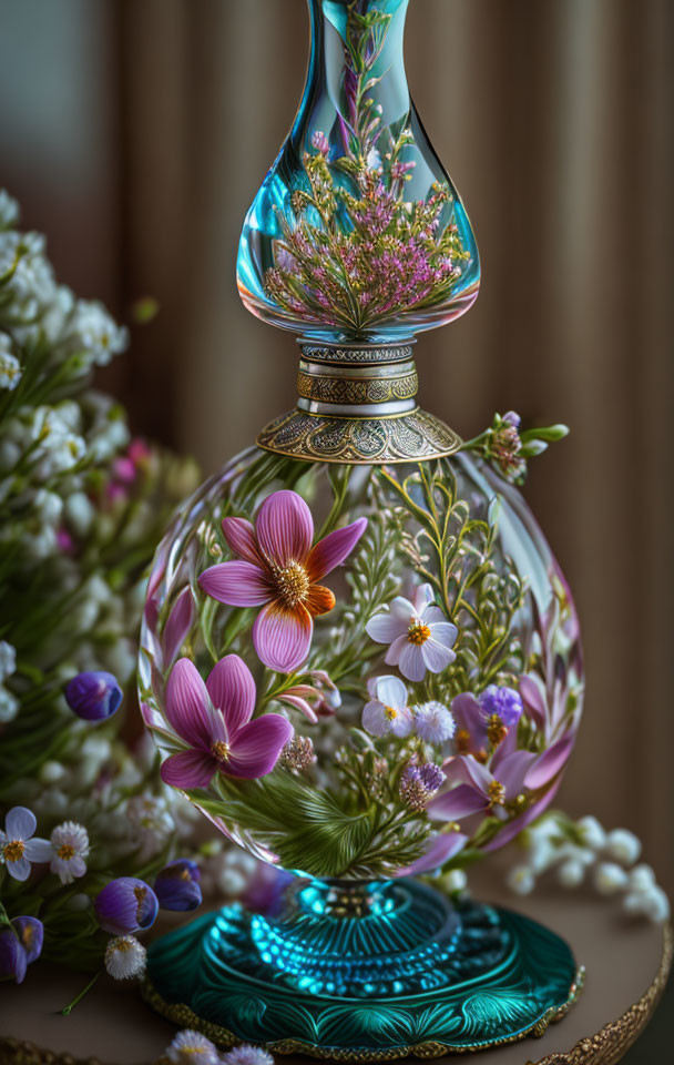 Floral design glass perfume bottle with flowers on wooden surface