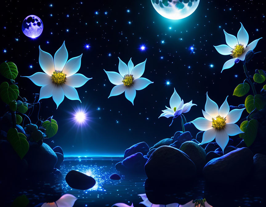 Luminous Blue Flowers in Fantasy Nightscape