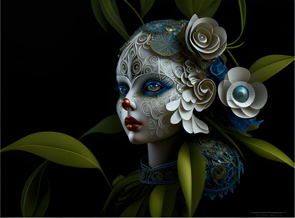 Monochromatic digital art: Woman's face with intricate patterns and florals, blue accents on dark