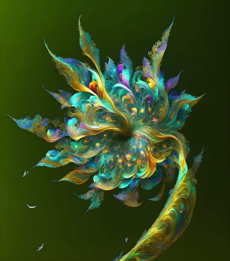 Colorful fractal art: swirling feather pattern in bright iridescent hues on dark green.