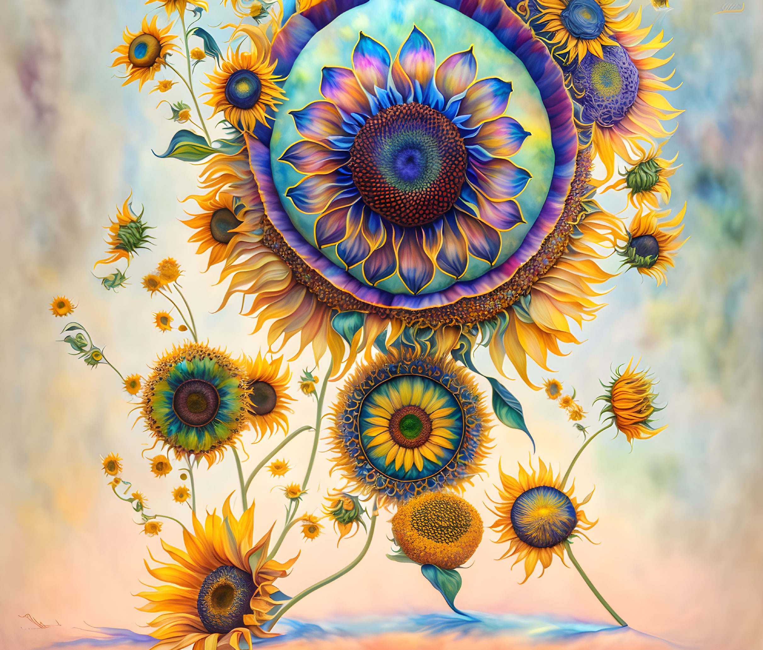 Colorful sunflower mandala art on pastel background