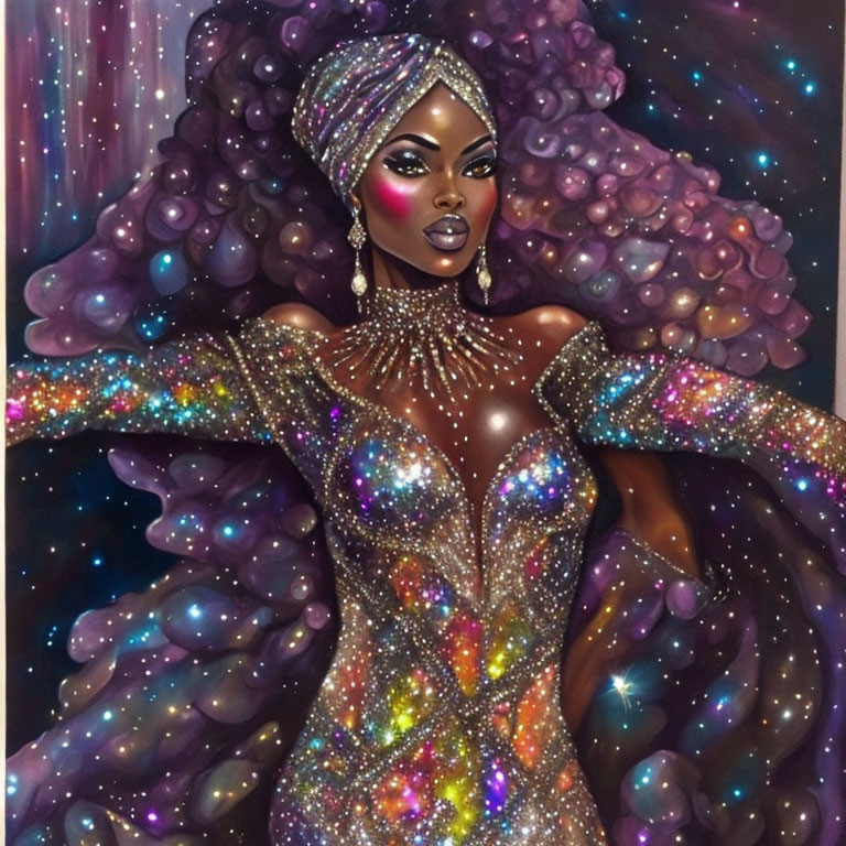 Cosmic-themed woman illustration in glittering bodysuit and headwrap