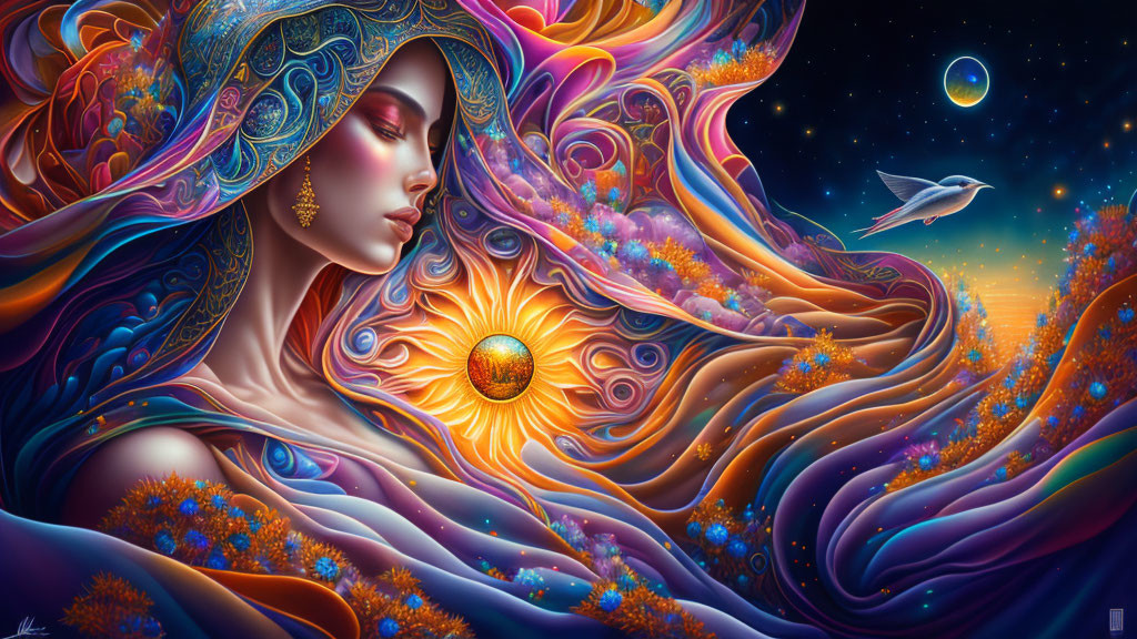 Fantasy artwork: Woman with flowing hair, cosmic elements, bird, celestial bodies