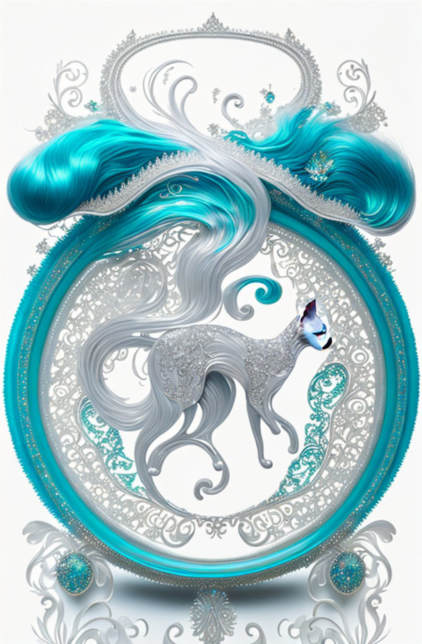 Stylized silver-grey cat with jeweled mask on teal and silver swirl background