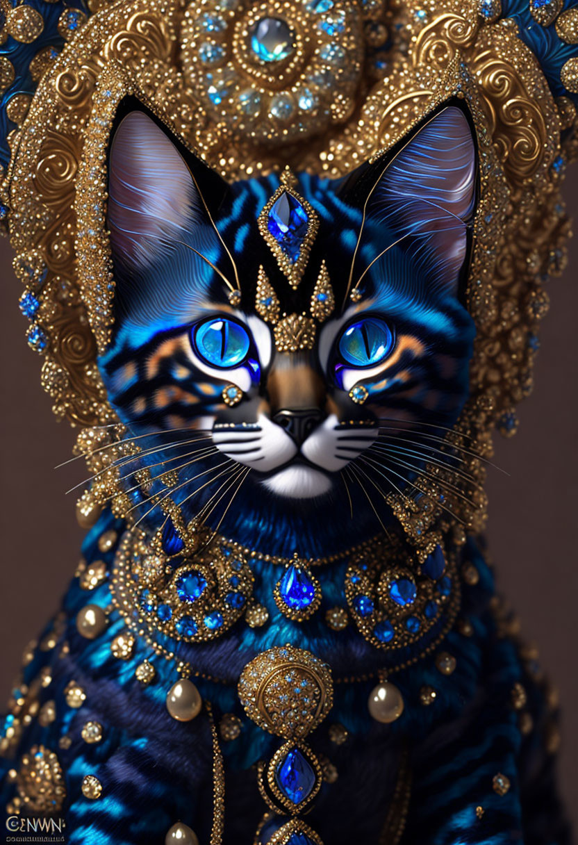 Ornately Adorned Cat Artwork with Blue Eyes and Golden Jewelry