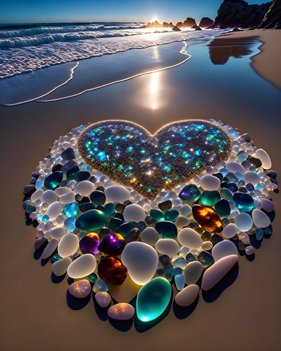 Colorful glass stones heart-shaped on sandy beach at sunset