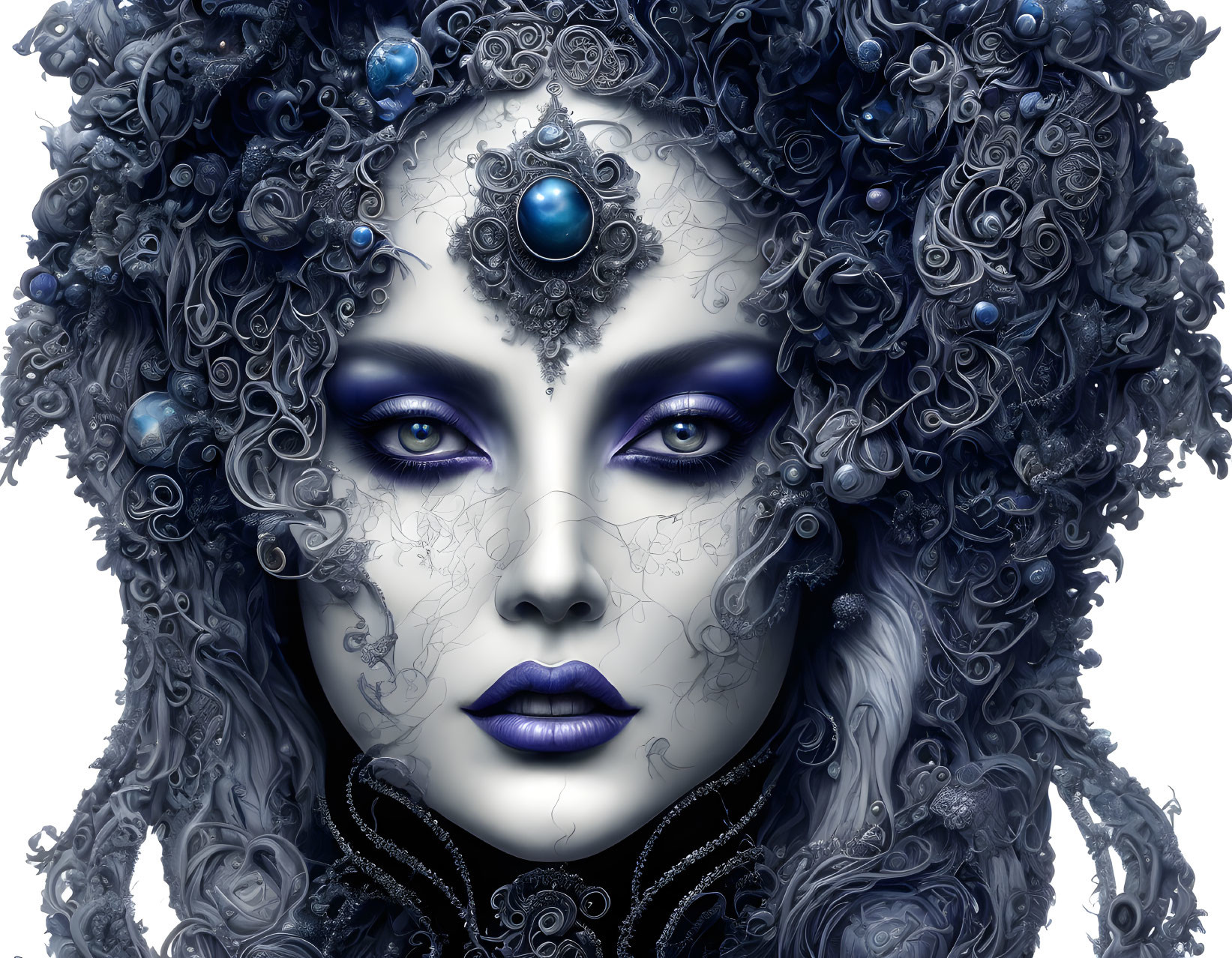 Digital artwork: Woman with pale cracked skin, blue makeup, dark lips, silver headpiece with gems